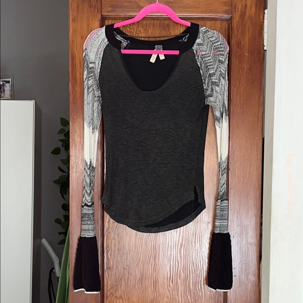 Free People Black and Gray Asymmetrical Fitted Blouse